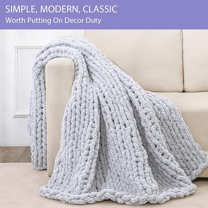 Bigacogo Chunky Knit Throw Blanket for Couch, 40x60 inches, Light Grey | Hand Knit with Jumbo Chenille, Soft Breathable Cable Knit for Sofa Bed Living Room, Machine Washable, Gift for Mom Friend