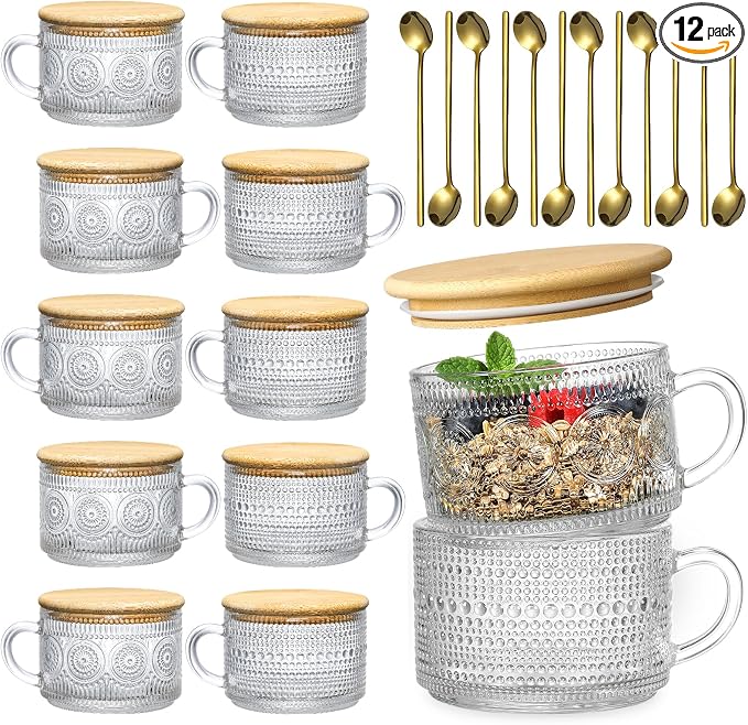 LANDNEOO 12pcs Set Irish Coffee Glasses, Vintage Coffee Mugs, Overnight Oats Containers with Bamboo Lids and Spoons - 14oz Clear Embossed Glass Cups, Cute Coffee Bar Accessories, Iced Coffee Glasses