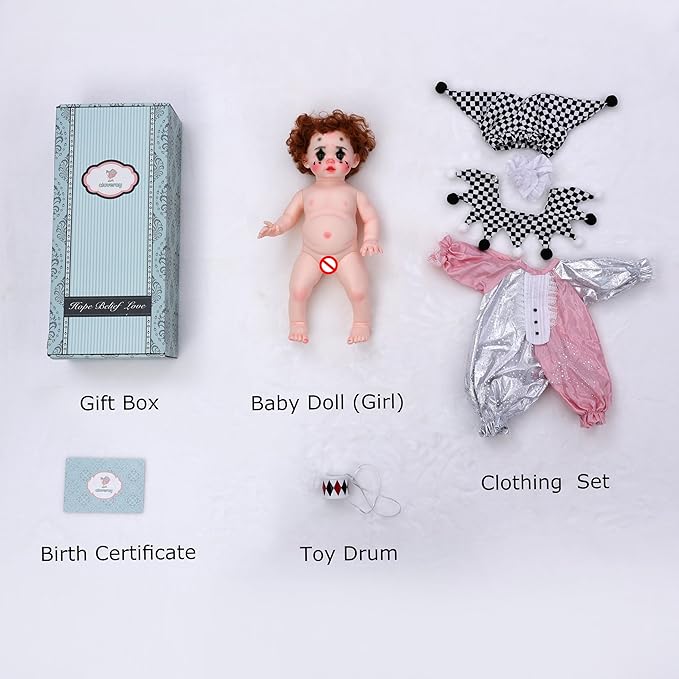 Harlequin Clown Reborn Toddler Girl Dolls – 18 Inch Baby Doll with Curly Hair, Checkered Hat, Pink & Silver Costume, and Mini Drum, Baby Dolls for 5 Year Old Girls, Parents, Collectors