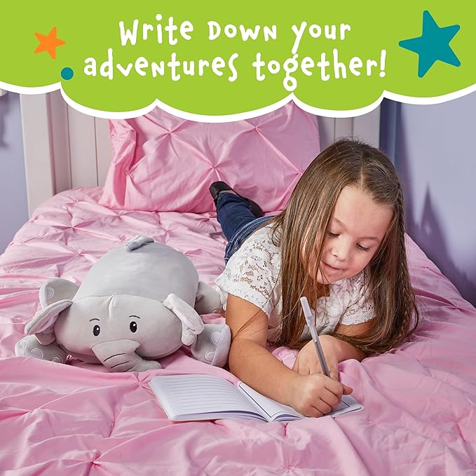 Cuddly Memory Foam Pillow Plush with Belly Pocket, Kids Pillow for Hugging Sleeping & Storing Diary, 15” Stuffed Animal & Journal Set - Piper The Elephant