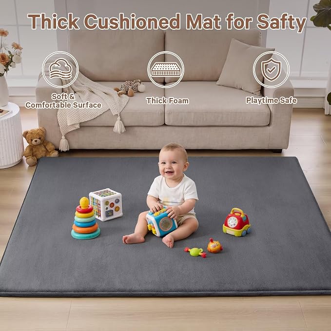 Baby Play Mat for Floor,Ultra Thick Elastic Foam 59"x59" Playmat Tummy Time Muscle Crawling Exercise Activity Cushion Gym Mat Nursery Playroom Area Kids Rug for Babies, Toddlers,Infants,Dark Grey