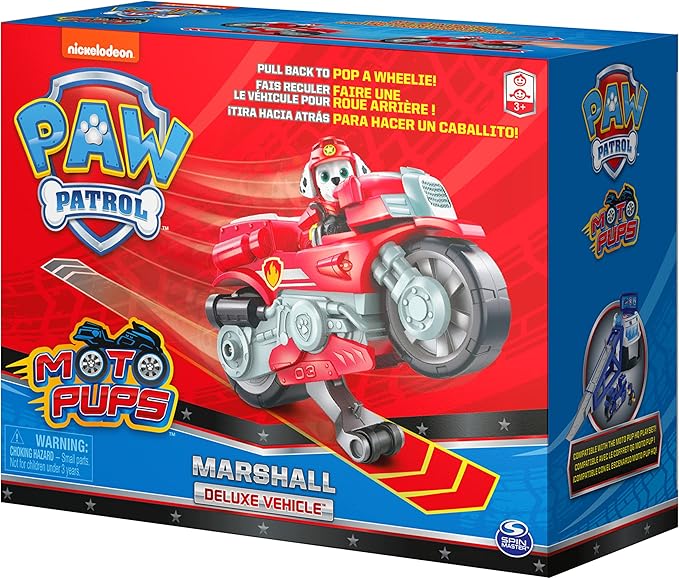 Paw Patrol, Moto Pups Marshall’s Deluxe Pull Back Motorcycle Vehicle with Wheelie Feature and Toy Figure