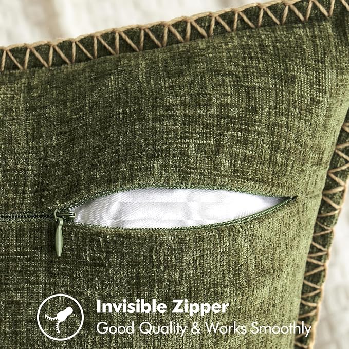 MIULEE Decorative Lumbar Throw Pillow Covers 12x20 Inch Olive Green 2 Pack | Farmhouse Pillow Covers with Stitched Edge, Soft Chenille Cushion Cases, for Couch Sofa Bed Living Room Home Decor