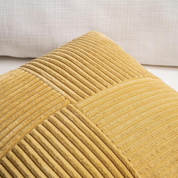 Fancy Homi 2 Packs Mustard Yellow Decorative Throw Pillow Covers 18x18 Inch for Living Room Couch Bed, Farmhouse Boho Home Decor, Soft Corss Corduroy Patchwork Textured Accent Cushion Case 45x45 cm