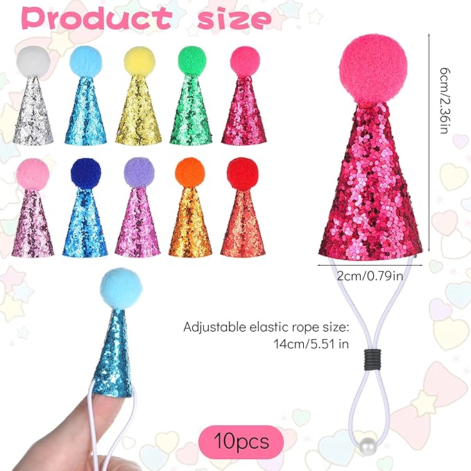10PCS Small Birthday Hats for Stuffed Animals, Small Party Hats for Stuffed Animals, Dogs, Cats, Adjustable Tiny Hat with Pom Poms, Holiday Birthday Costume Accessories