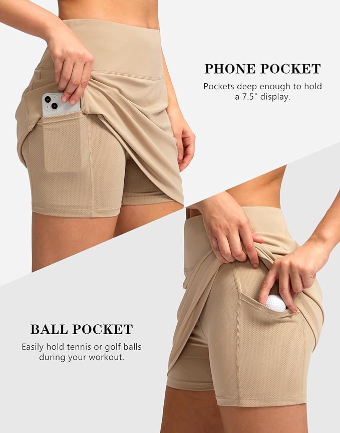 Women's Golf Skirts Skort 4 Side Pockets High Waisted Stretchy Tennis Skirt | Silky Soft, Lightweight, Breathable, Built-in Mesh Shorts, High Waisted, Elastic waistband, Moisture-Wicking, Athletic