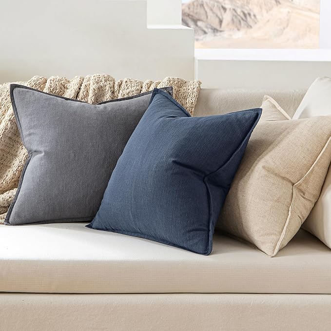 MIULEE Decorative Linen Pillow Covers 20x20 Inch Indigo Blue | Boho Farmhouse Neutral Couch Throw Pillows for Bed, Pack of 2 Accent Coastal Modern Pillowcases, Sofa Livingroom Home Decor