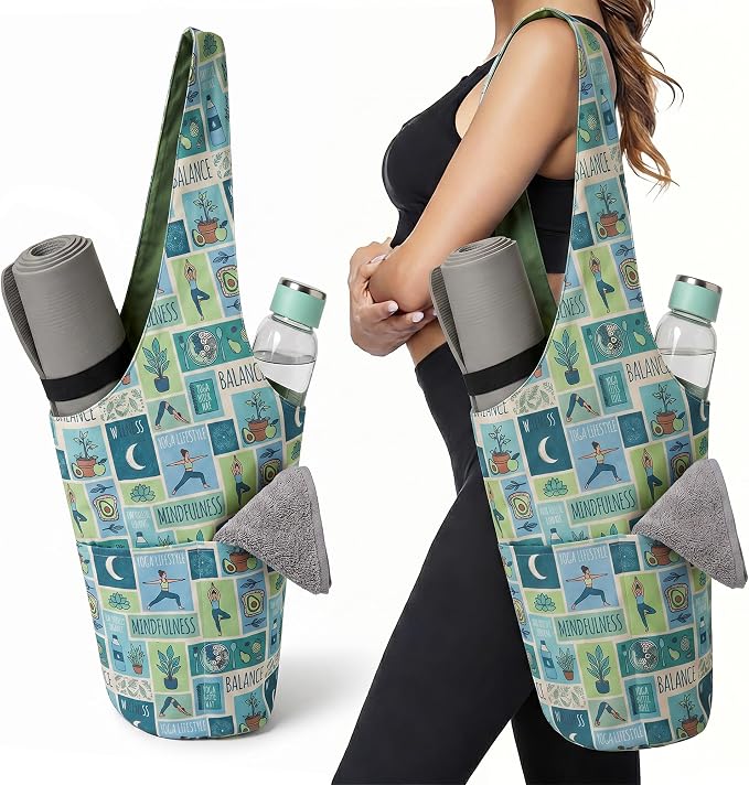 CosInStyle Heavy Duty Cotton Canvas Yoga Bag with Multi-Pocket Organizer, Large Capacity Gym Sports Bags, With 2 Bonus Mat Straps