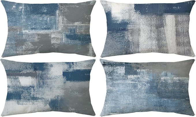 Modern Abstract Throw Pillow Covers 12x20, Blue & Grey Set of 4 | Double-sided vibrant artwork accent cushion covers. Perfect decorative pillows for couch, sofa, bed, and living room.