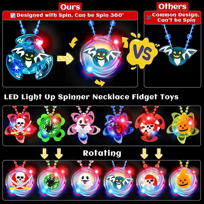 100 Pcs Halloween Party Favors for Kids, 40 LED Light Up Rings 10 LED Rotating Necklaces Glow In The Dark 50 Temporary Tattoos Halloween Toys Bulk Halloween Trick or Treat Toys Gifts Party Supplies