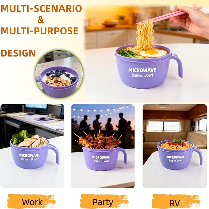 Layron Ramen Cooker Bowl - 45 oz Microwaveable Noodle Bowl Ramen in few Minutes- BPA Free and Dishwasher Safe Set with Chopsticks Perfect for Dorm, Small Kitchen, or Officee (purple)