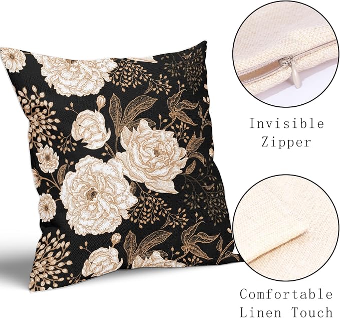 Vintage Peony Roses Floral Plant Pillow Covers 24X24 Inch Set of 2 Chinoiserie White Flower Leaves Decorative Pillow Cases Black Gold Cushion Case Vintage Home Decor for Sofa Couch Outdoor