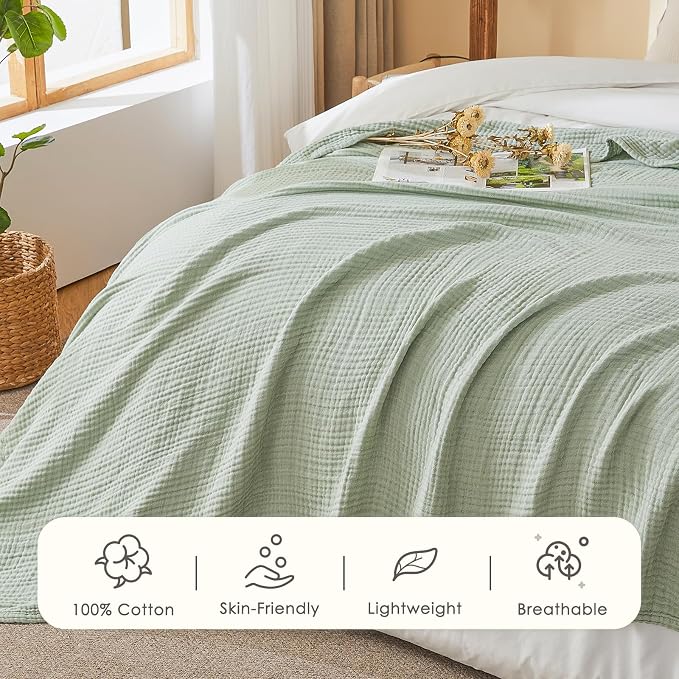 EMME Cotton Muslin Large Throw Blanket Couch Breathable Gauze Soft Lightweight Bed Blankets Adults (Heather Sage Green, 50"x70")