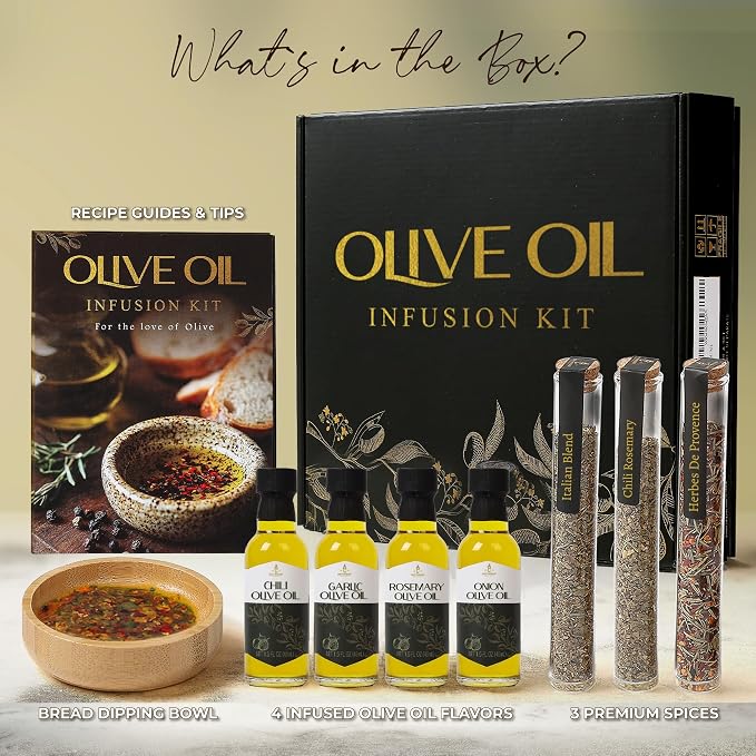 Infused Olive Oil Gift Set – Variety Pack - 4 Flavored Olive Oil Extra Virgin, 3 Spice Flavorful Infusion Blends, Bread Dipping Bowl & Recipe Booklet - Set of 8 – Gourmet Cooking Gifts for Women - Gift For Dad