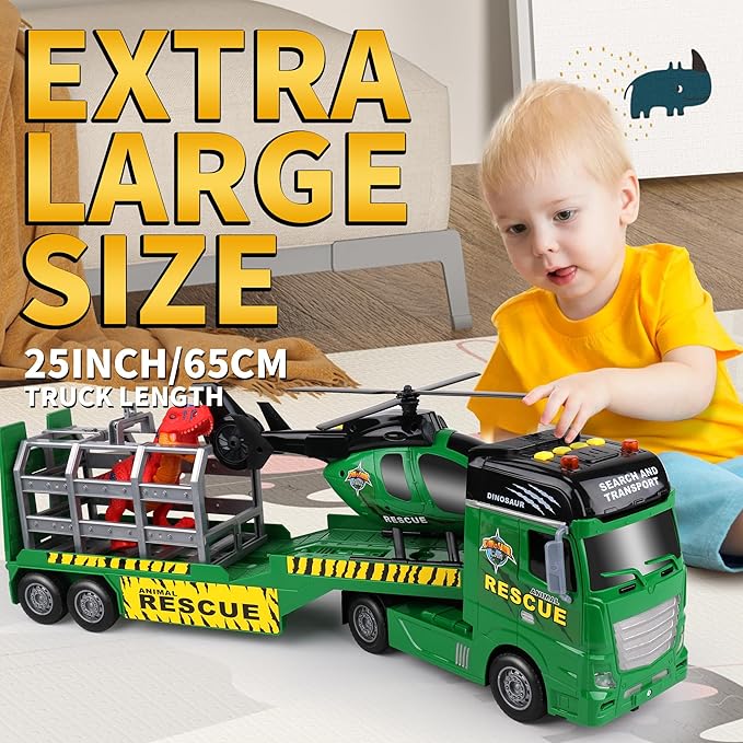 Dwi Dowellin Carrier Truck Kids Toys,25.6" Semi Truck Toy with Helicopter and Dinosaurs,Gifts for Age 3 4 5 6+ Years Old Boys Girls