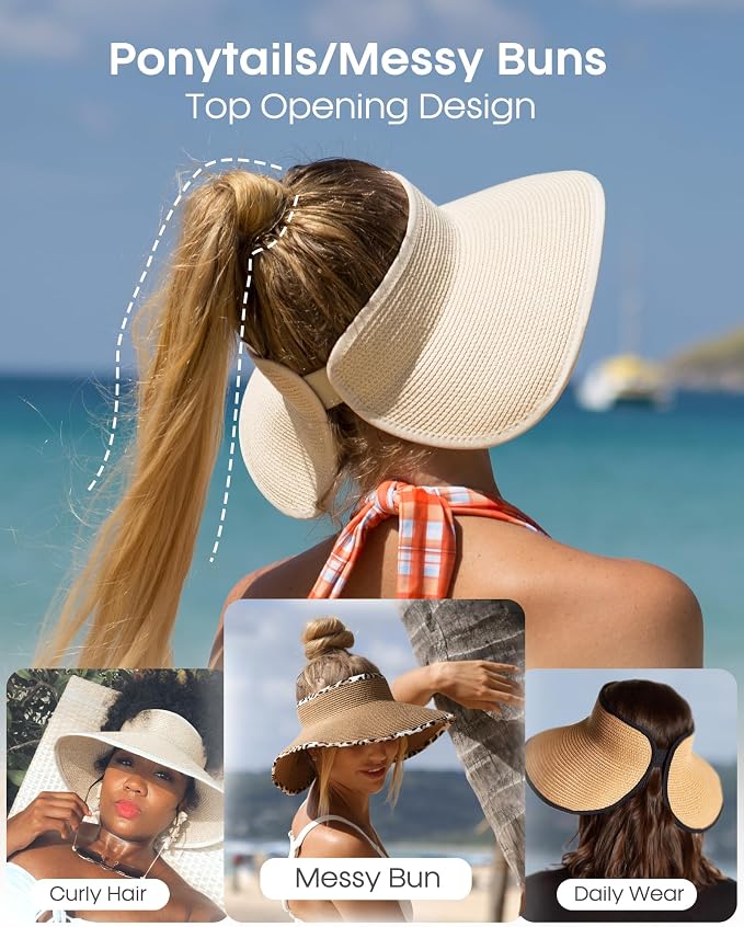 FURTALK Womens Sun Hat with Ponytail Hole Wide Brim Beach Straw Visor | Foldable & Packable for Beach Vacations, Adjustable Fit for Messy Buns, Detachable Windproof Strap, Sweat-Wicking Inner Band