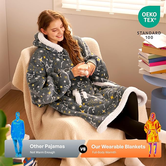 Giggling Getup Wearable Blanket Hoodie for Adults Gifts for Teen Girls Sister Women Sherpa Fleece Printed Hooded Blanket Sweatshirt Warm Cozy with Pocket & Sleeves Grey Glowing Stars