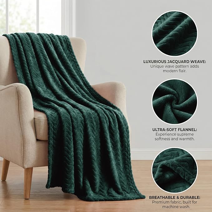 Exclusivo Mezcla Soft Fleece Blanket Queen Size for Bed, Sofa, Forest Green | 90"x90" Breathable Lightweight Flannel Blanket for Summer, Plush Cozy Jacquard Wave for Home Decor
