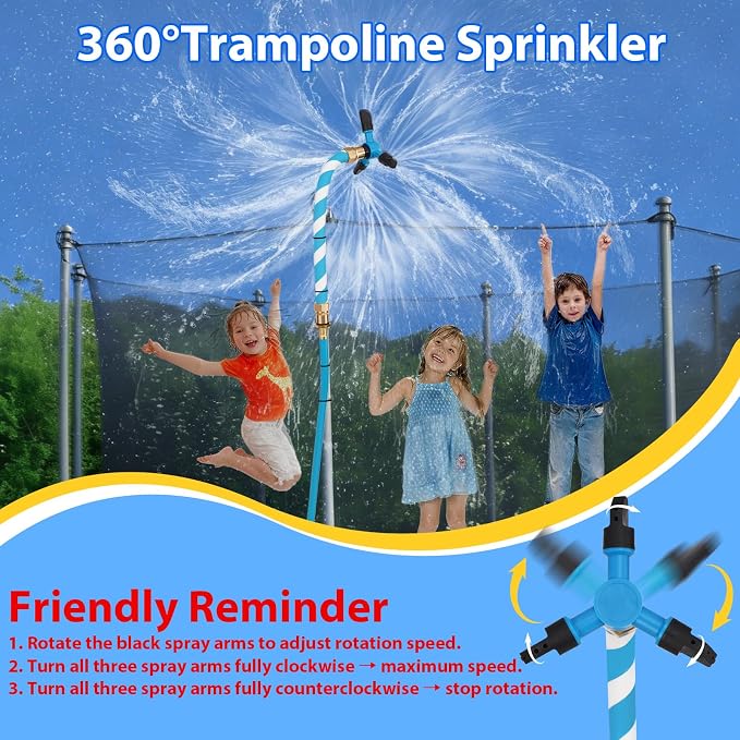 3-in-1 Trampoline Accessories Kit: 360°Rotating Water Sprinkler, 50FT Solar-Powered LED Lights & Kids Basketball Hoop with 3 Mini Balls / 8 Light Modes, Universal Fit for 8-16ft Trampolines