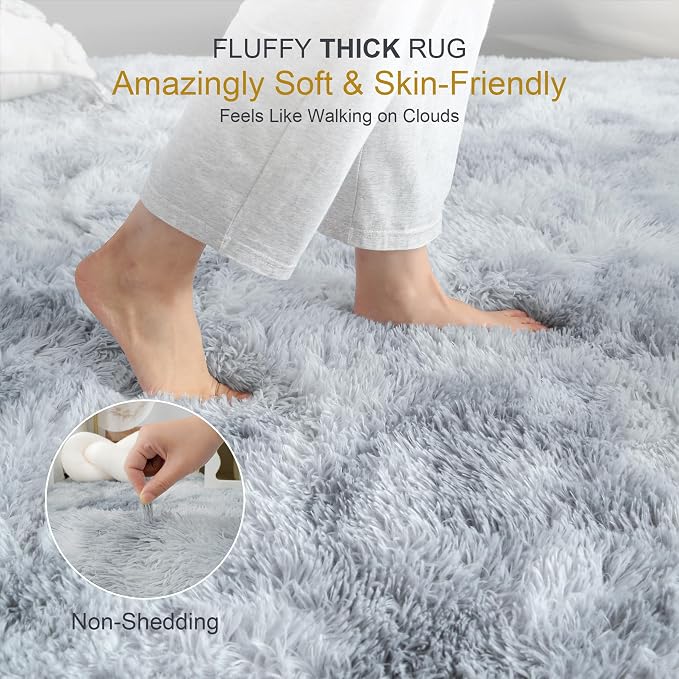 3x5 Thick Tie-Dye Gray Fluffy Shag Rug for Bedroom, Plush Carpet | Area Rug for Living Room, Kids Nursery, Dorm Room, Washable Non Slip Shaggy Floor Carpet