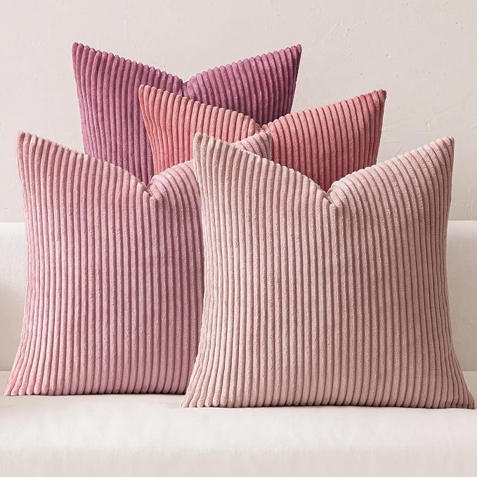 MIULEE Soft Corduroy Decorative Throw Pillow Covers Purple Pink 20x20 | Set of 4, Shabby Chic Romantic Decor, Pink Gradient Matching, Boho Farmhouse Cushion Covers for Couch Bed Sofa Living Room