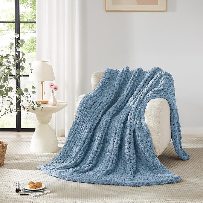 L'AGRATY Chunky Knit Throw Blanket for Couch, 72 x 84 Inches, Airy Blue | Handmade Chenille Crochet Blanket for Sofa Bed, Thick Cable Knitted Blankets for Room Home Decor, Birthday Gift for Women Mom