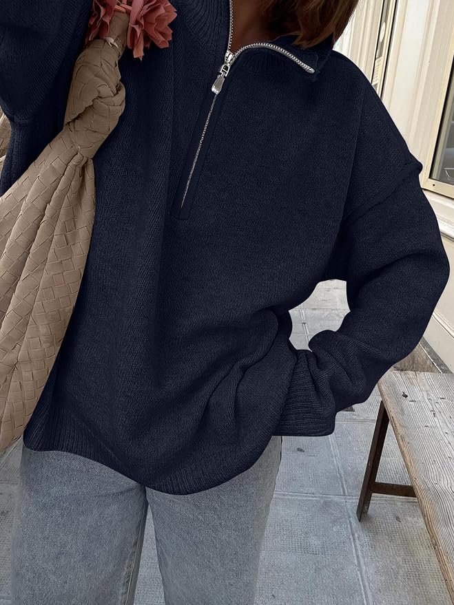 ANRABESS Womens Quarter Zip Sweaters Fall Long Sleeve V Neck Shirts Collared Business Casual Tops Knit Pullover Sweatshirts