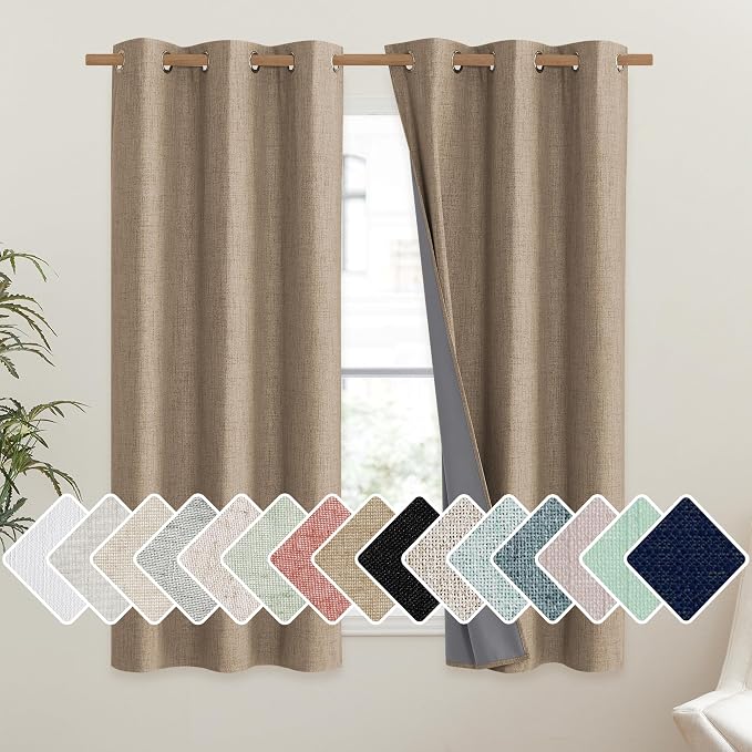 NICETOWN Burlap Vintage Open Linen Weave Flax Thermal Curtains, 100% Blackout Curtains 45" Long for Dining Room, Soundproof Window Treatment Drapes for Kitchen, 42" Wide Per Panel, Set of 2