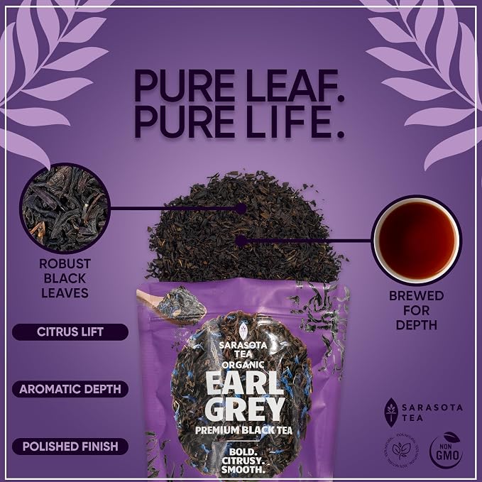 Organic Earl Grey Loose Leaf Black Tea | USDA Organic Bergamot Black Tea | Premium Full Leaf | 1 lb Bulk Bag (16 oz) | Smooth Citrus Aroma | Hot or Iced | Non-GMO