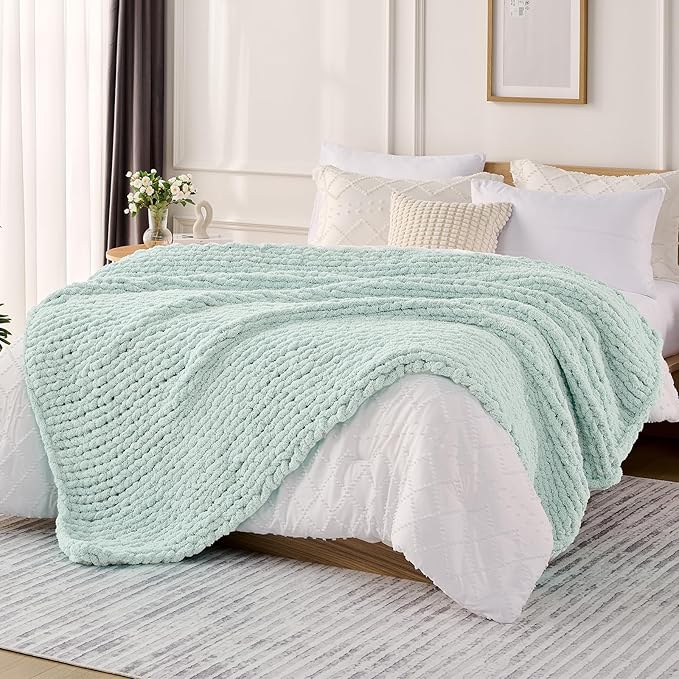 L'AGRATY Chunky Knit Throw Blanket for Couch, 60 x 80 Inches, Mint Green | Handmade Chenille Crochet Blanket for Sofa Bed, Thick Cable Knitted Blankets for Room Home Decor, Birthday Gift for Women Mom