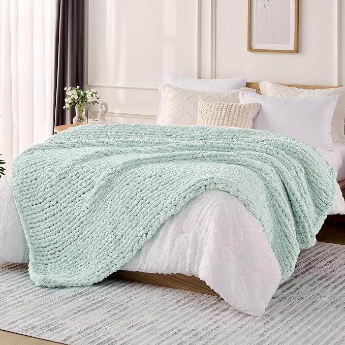L'AGRATY Chunky Knit Throw Blanket for Couch, 50 x 60 Inches, Mint Green | Handmade Chenille Crochet Blanket for Sofa Bed, Thick Cable Knitted Blankets for Room Home Decor, Birthday Gift for Women Mom