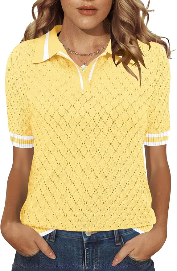 Rapbin Womens Short Sleeve Knit Polo Shirts Summer Spring Sweater Tops | Classic V Neck Collared Shirts Lightweight Business Casual Basic Fashion Pullover Polo Sweater for Work Formal Daily Wear