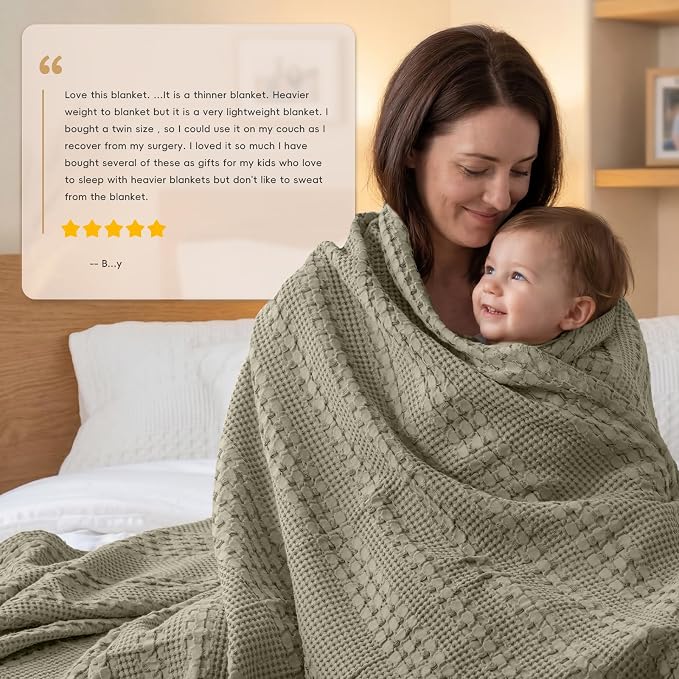 PHF 100% Cotton Waffle Weave Blanket Queen Size, Lightweight Breathable Summer Blanket for Hot Sleepers, Pre-Washed Soft Layer for Bed, Couch, Aesthetic Home Decor & Gift, 90"x90", Dusty Sage