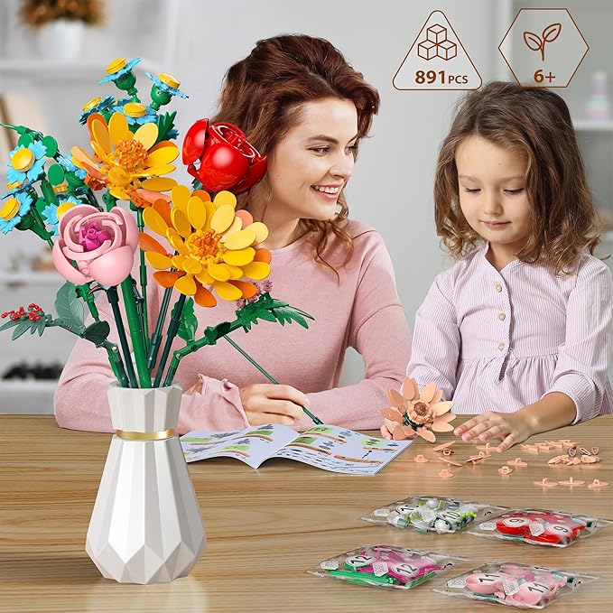 Flowers Bouquet Building Set, 891 PCS Artificial Wildflower Botanical Collection Kit for Women Kids Girls, Home Office Decor Gift for Mother's Day/Valentine's/Christmas