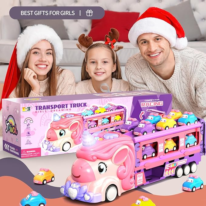 Car Toys for 3 4 5 6 7 Year Old Toddler Girl, Unicorn Toys Truck & Foldable Race Track W/Light & Sound, Friction Power Toy Cars W/ 9 Princess Cars, Birthday Gift for Kids Girls Age 4-6