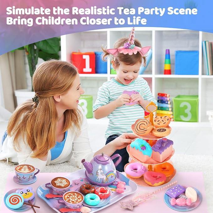 55Pcs Tea Party Set for Little Girls, Princess Tea Party Set, Unicorn Kid Tin Tea Set,Kids Kitchen Pretend Toy, Toddler Tea Party Set for Girl 3-5, Tea Party Easter Birthday Gift for 4 Year Old