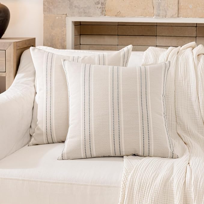 Hckot Grey Decorative Throw Pillow Covers 20x20 Set of 2 Boho Pillow Covers | Striped Farmhouse Pillows Textured Linen Square Cushion Covers for Sofa Couch Bed Living Room Decor(Light Grey)
