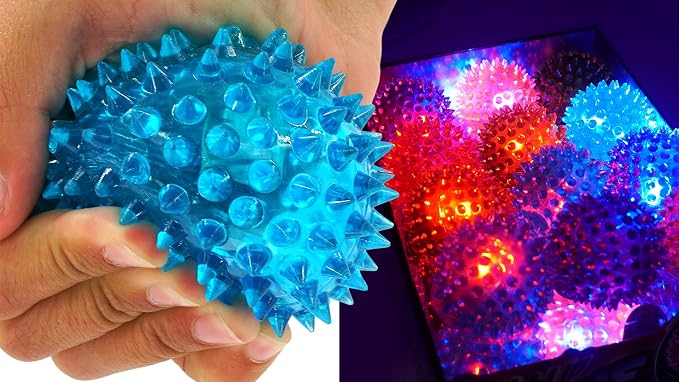 JA-RU Light Up Spiky Balls for Kids (12 Pack) – Light Up Bouncy Balls, Spiky Fidget Toys, Sensory Bin Filler, Stress Relief Toy, Bulk Party Favors – 695-12p