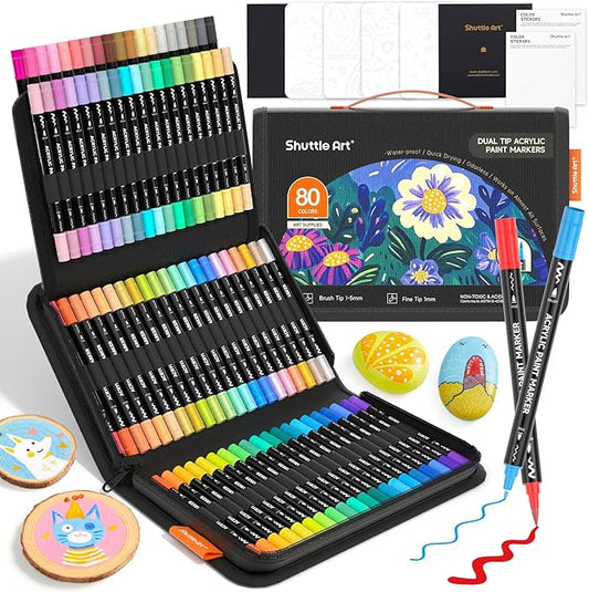 Shuttle Art 80 Colors Dual Tip Acrylic Paint Markers, Brush Tip and Fine Tip Acrylic Paint Pens for Rock Painting, Ceramic, Wood, Canvas, Plastic, Glass, Stone, Calligraphy, Card Making, DIY Crafts