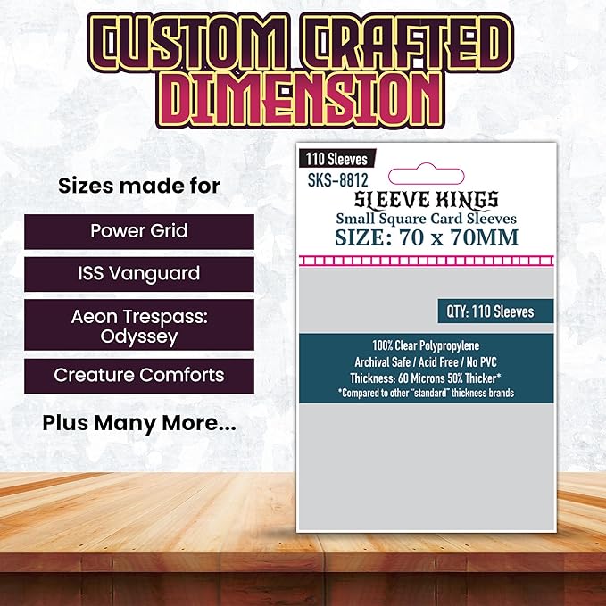 Sleeve Kings Standard Card Sleeves – 110 Count, Clear 60 Micron Thickness, Medium Square Size (70 x 70 mm), Compatible with Power Grid & More – SKU: SKS-8812