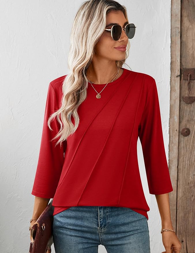 LOMON 3/4 Length Sleeve Womens Tops Spring Summer Fashion 2026 Tops Crew Neck Pleated Shirts Tunic Top Loose Fit