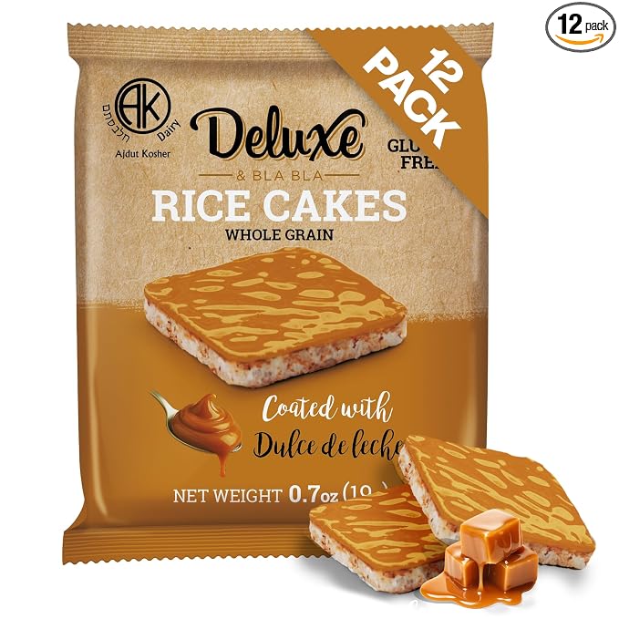 Deluxe & Bla Bla Rice Cakes 12 Pack – Whole Grain, Gluten-Free, Kosher, Low-Calorie Snack – Coated with dulce de leche – Healthy & Crunchy Treat – Individually Wrapped, (19g Each)