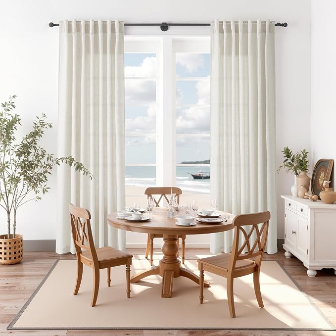 Nanspring Mousse White Linen Curtains for Living Room 108 Inches Long Simple Modern Light Filtering Semi Sheer Curtain Back Tab Coastal Decor Floor to Ceiling High Window for Bedroom 52x108, 2 Panels