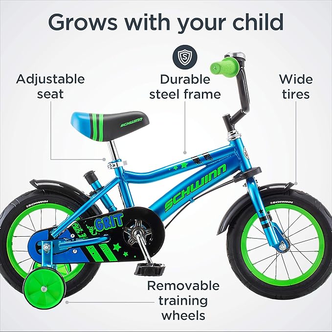 Schwinn Petunia and Grit Bike, 12 Inch Bike for Kids Ages 2-4, Orange, Teal, Pink or Blue, Steerable Beginner Bicycle with Training Wheels, Parent Push Handle, Rear Coaster Brake, Adjustable Seat