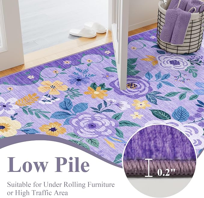 DUKINO 4x6 Area Rug, Floral Washable Rug Non Slip Office Chair Mat, Purple | Low Pile, Stain Resistant, Soft Indoor Rug for Bedroom, Living Room, Dining Room, Kids Room, Pet Friendly, Modern Home Decor