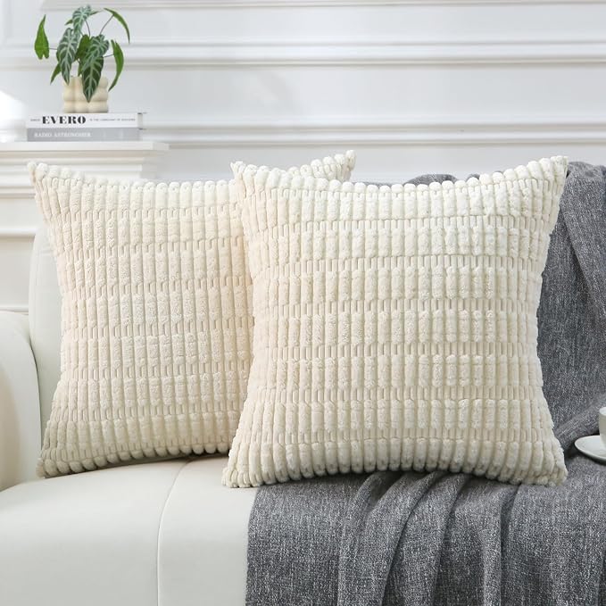2 Pack Corduroy Decorative Throw Pillow with Inserts, 18x18 Inch Soft Boho Throw Pillow, Square Striped Throw Pillows for Couch, Bed, Sofa Decor (White)