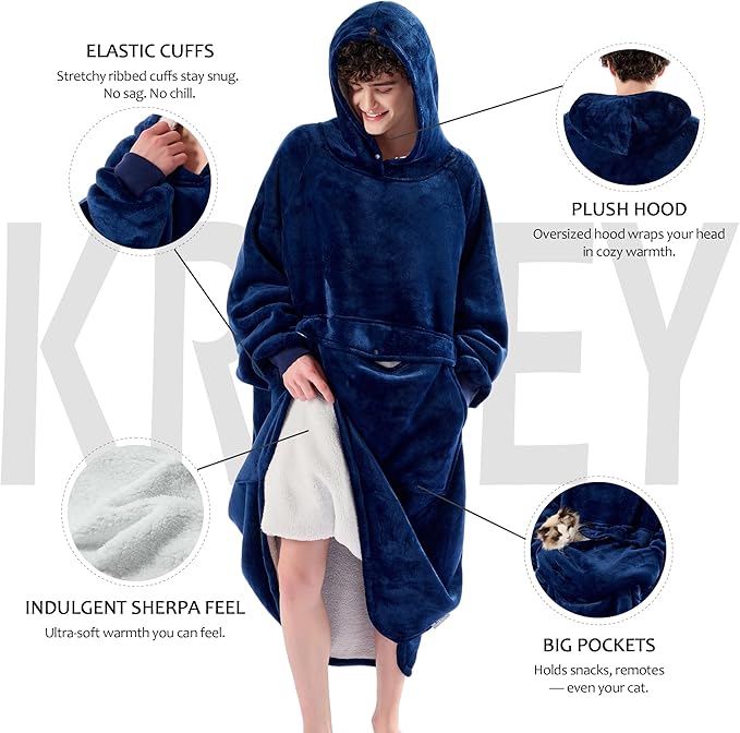 Krifey Big & Tall Wearable Blanket Hoodie with Cat Pocket, Extra Long Oversized Fleece Blanket for Adults, Cozy Birthday Gifts, Christmas Gifts