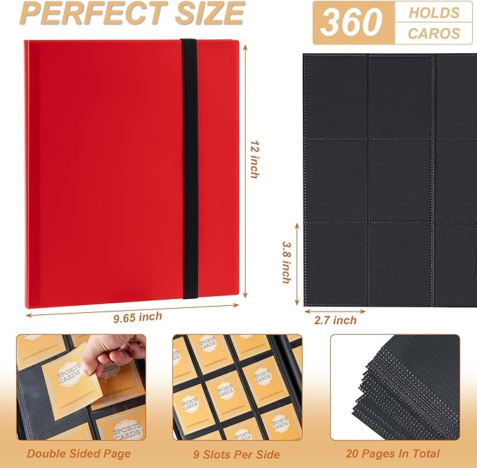 Card Binder 9 Pocket Storage 360 Card Binder,Trading Card Binder Senior and Sturdy Side-Loading Album,Intended For YuGiOh,MTG, TCG,Game Cards & Baseball Card Binde,（Red）