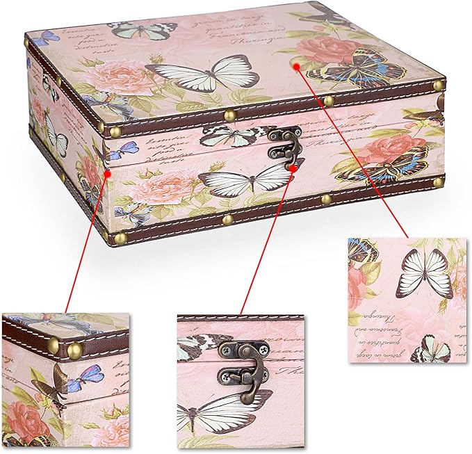 ELLDOO Butterfly Treasure Chest Box, Vintage Wooden Decorative Box | Treasure Storage for Jewelry Trinkets Photos, Rectangular Keepsakes box for Girls Women Gifts