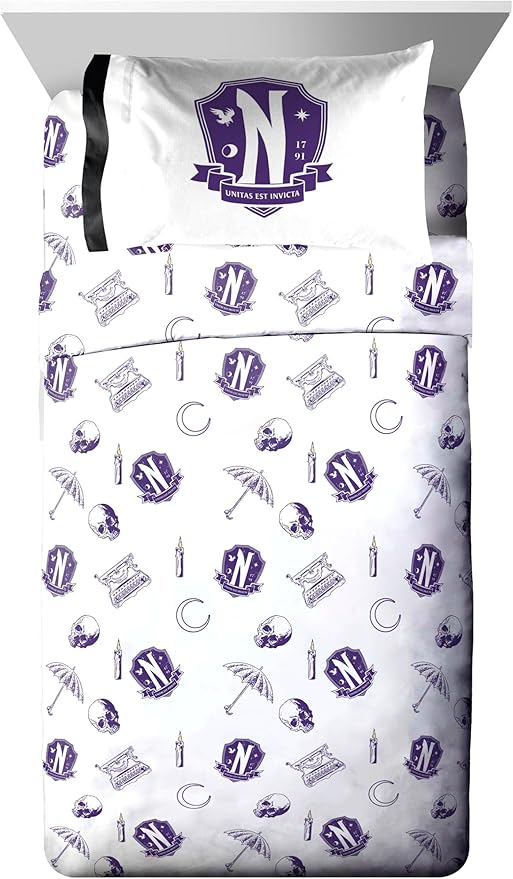 Jay Franco Wednesday Addams Twin Comforter Set 5 Piece Bedding Includes Sheet Set & Pillow Covers - Black and Grey Stripes Super Soft Kids Bedding